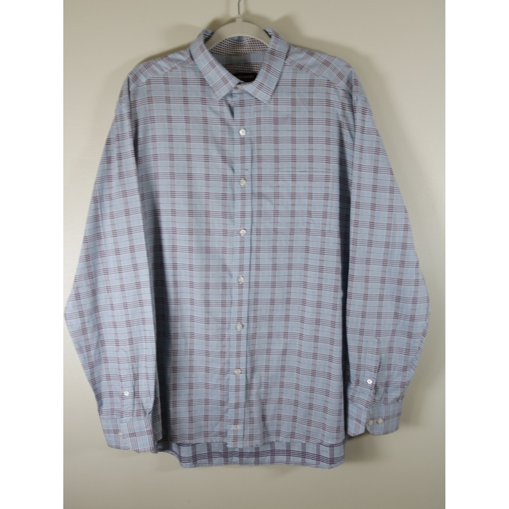 Johnston & Murphy Mens Plaid Button Down Shirt Blue Purple Long Sleeve XL